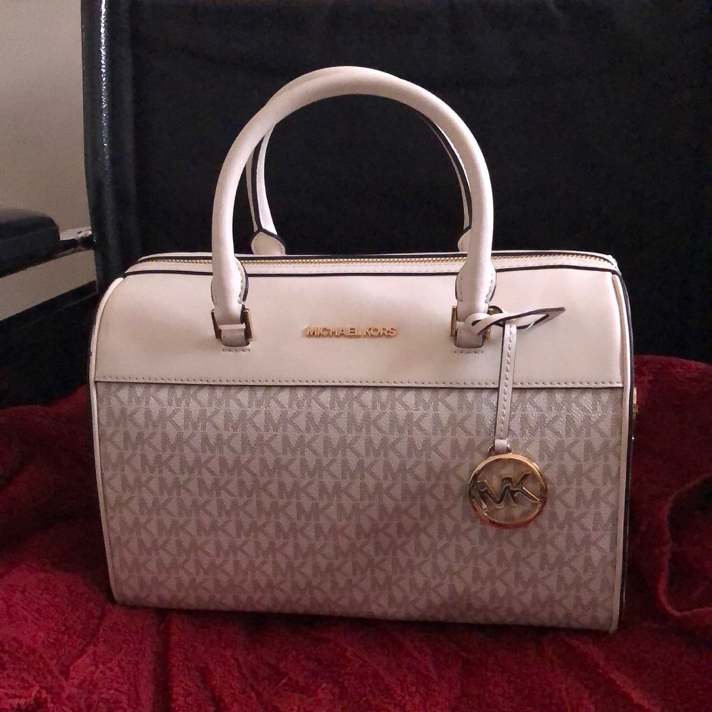 Michael Kors Cream And Tan Satchel With Gold Hardware